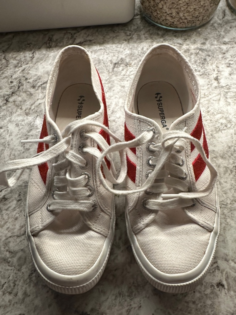 Superga White Canvas Low-Top Sneakers with Red Side Stripes